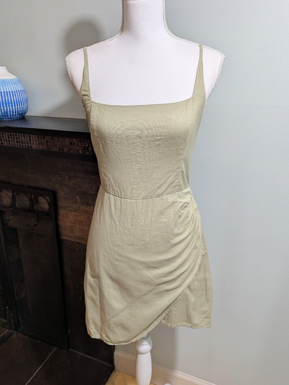 Abercrombie & Fitch Mini Dress Small Cotton Faux Wrap Beige Green Square Neck